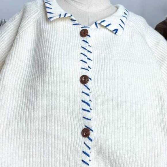 Cozy White Knit Cardigan With Blue Stitch Details - Picture 2 of 3